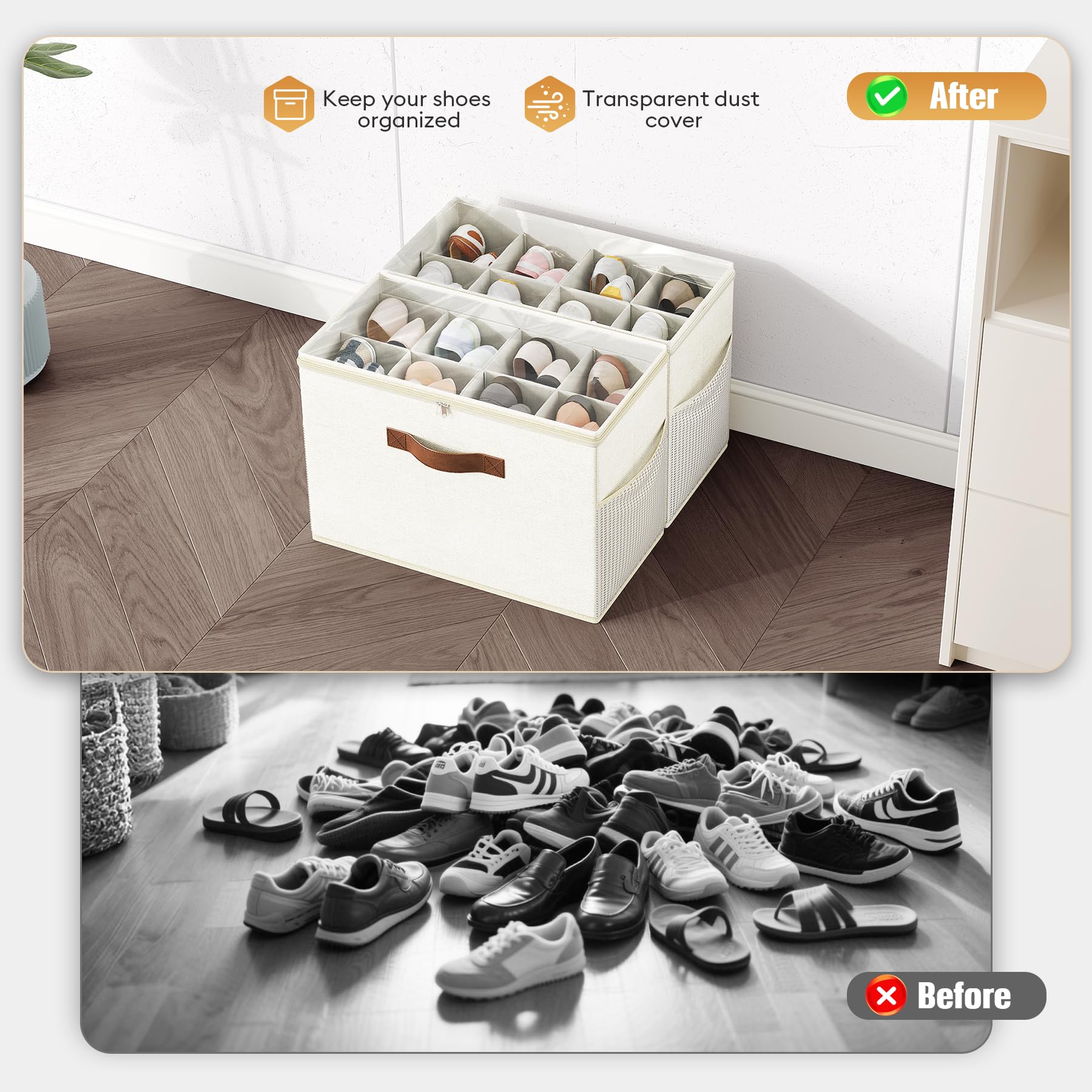 Budding Joy shoe storage containers with transparent lid for quick content visibility.