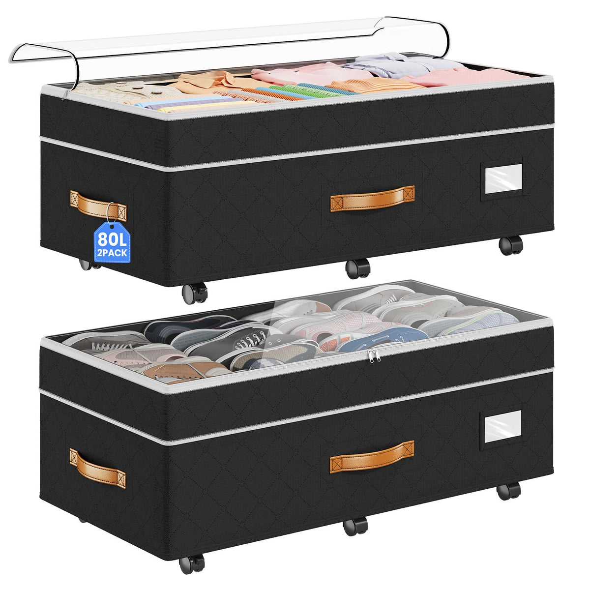 Budding Joy under-bed storage 2-pack keeps clothes organized and neatly tucked away.