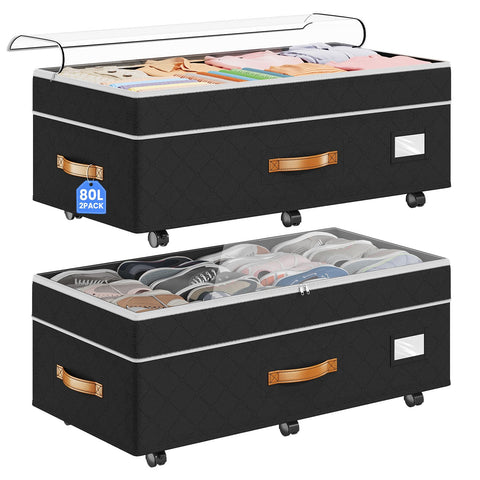 Budding Joy under-bed storage 2-pack keeps clothes organized and neatly tucked away.