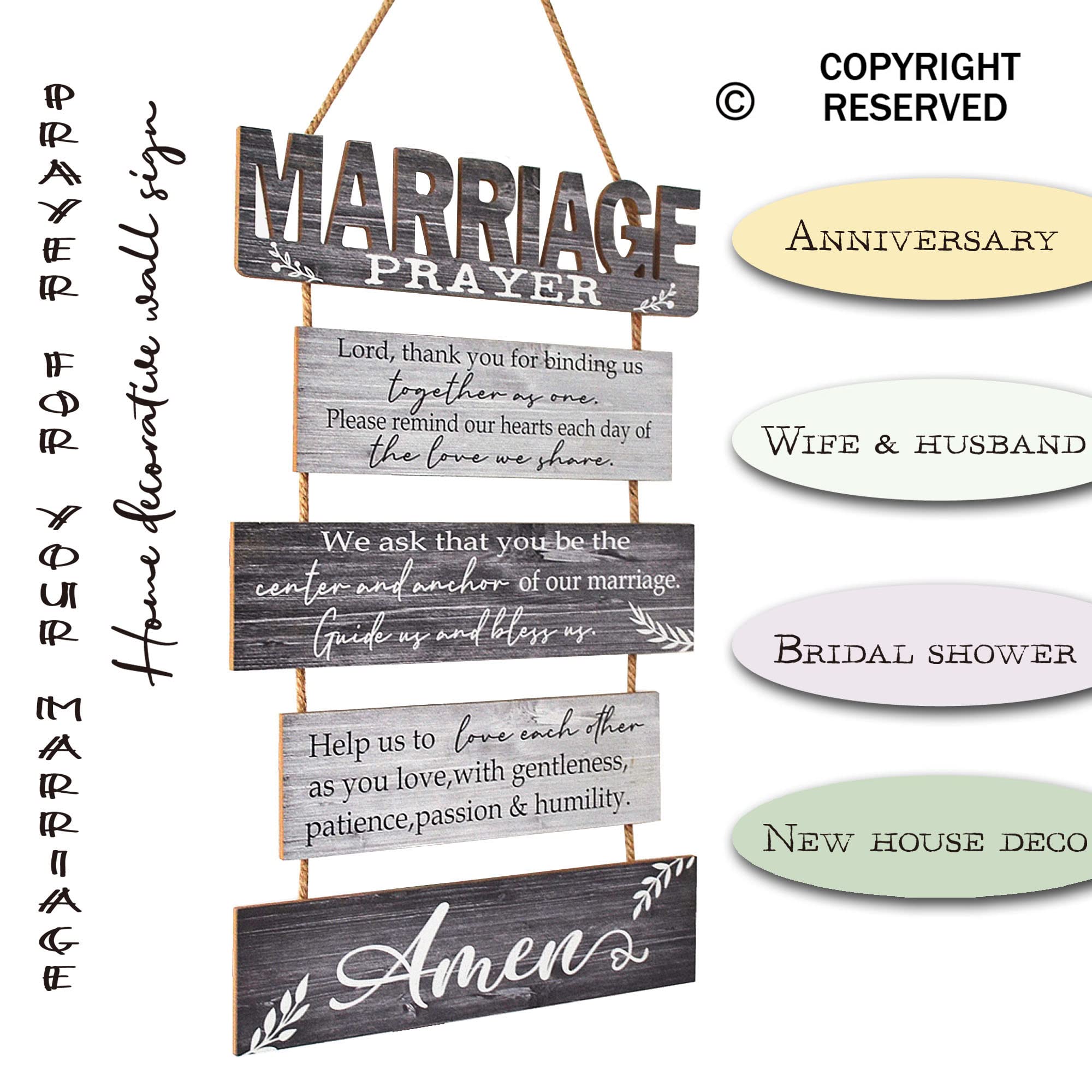 Buecasa marriage rustic sign close-up shows wood grain and rope