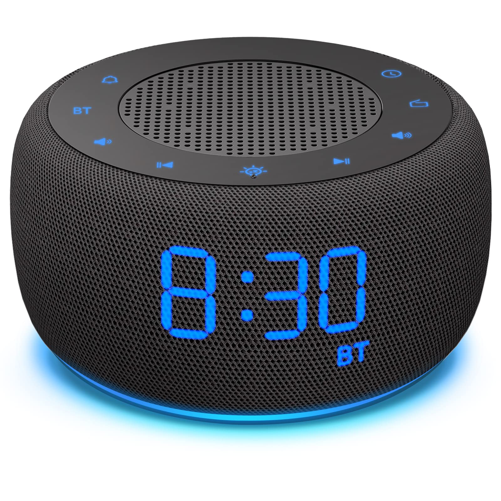 BuffBee alarm clock with Bluetooth speaker for easy bedside listening.