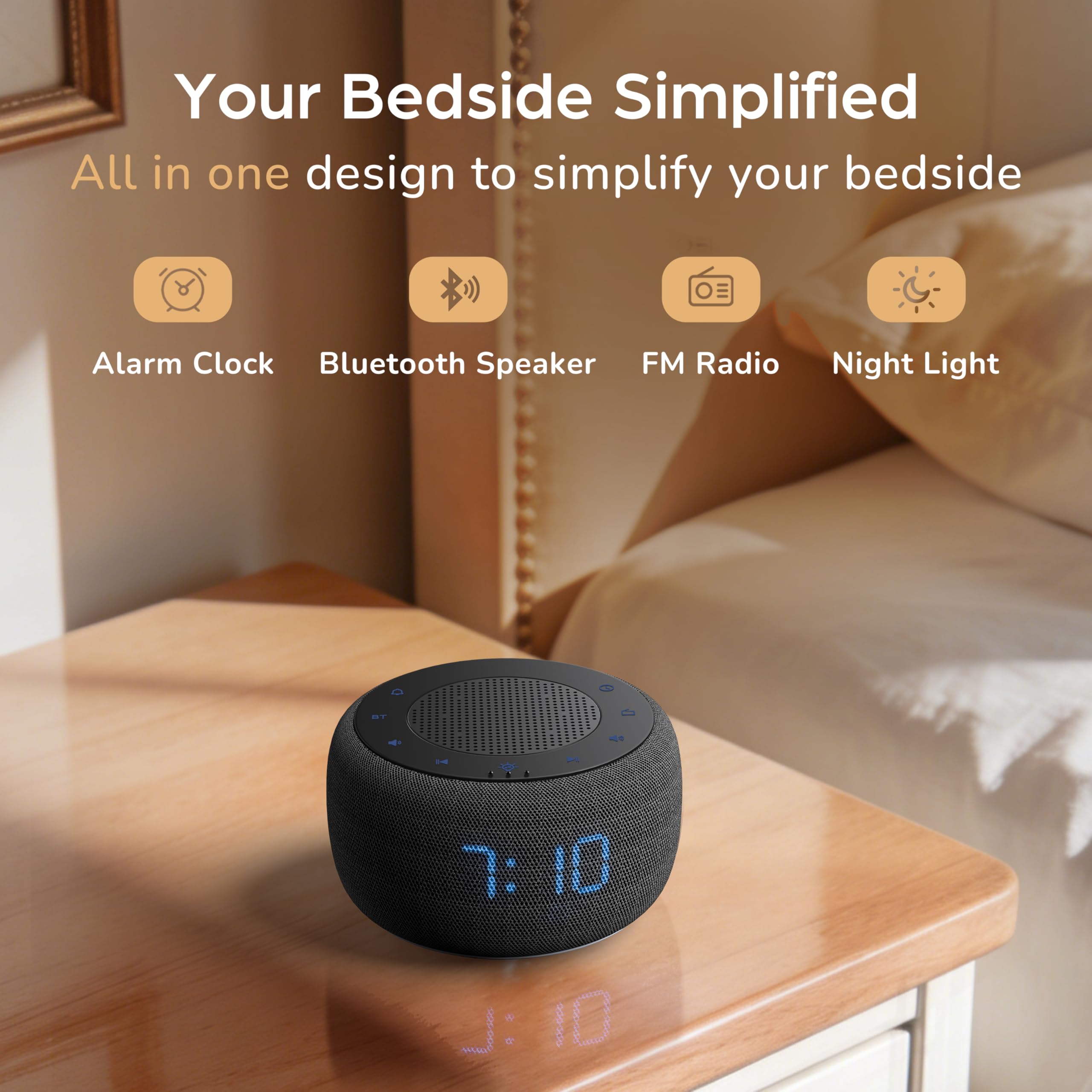 BuffBee alarm clock with FM radio lets you wake to stations you love.