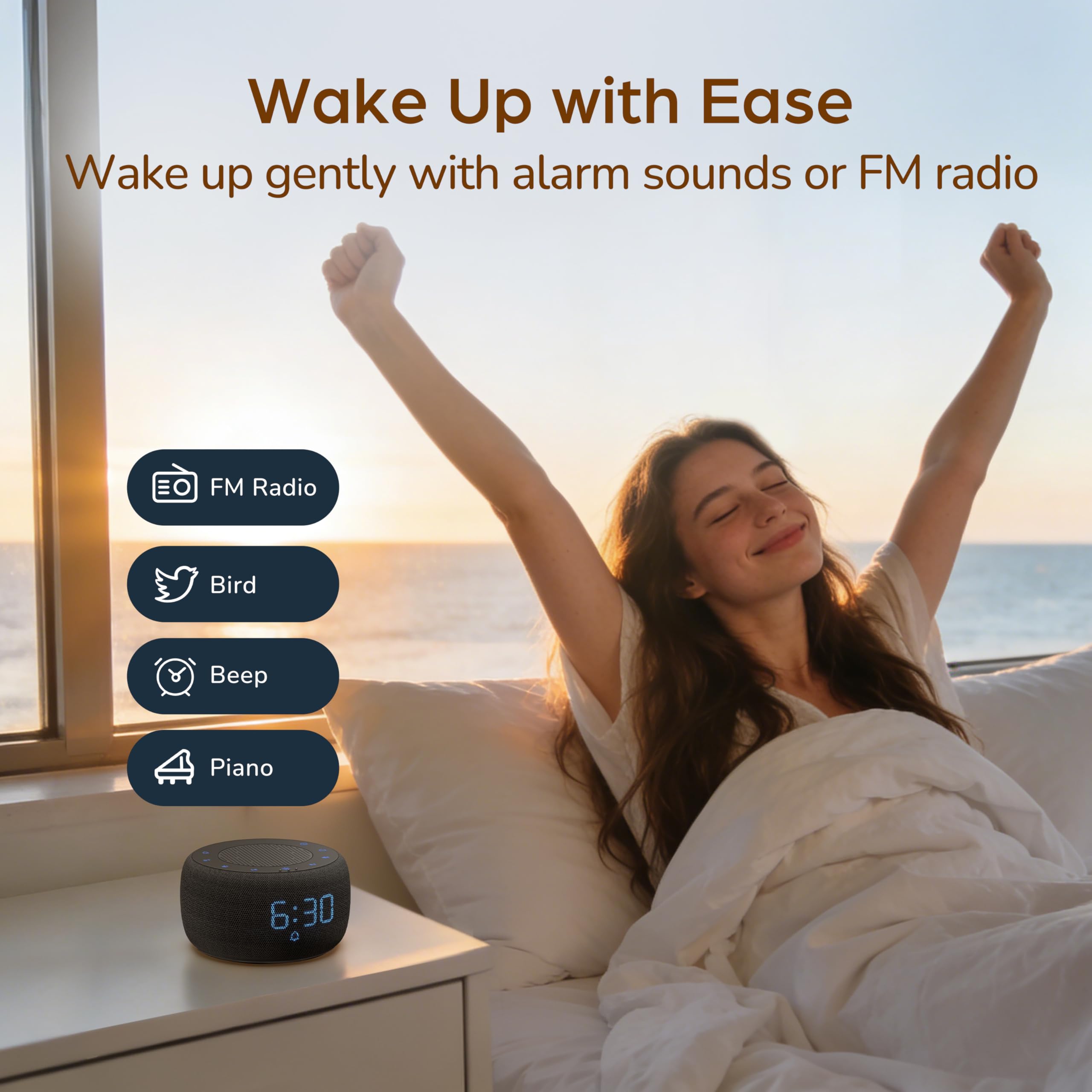 BuffBee gradual wake feature softly increases volume for calmer mornings.