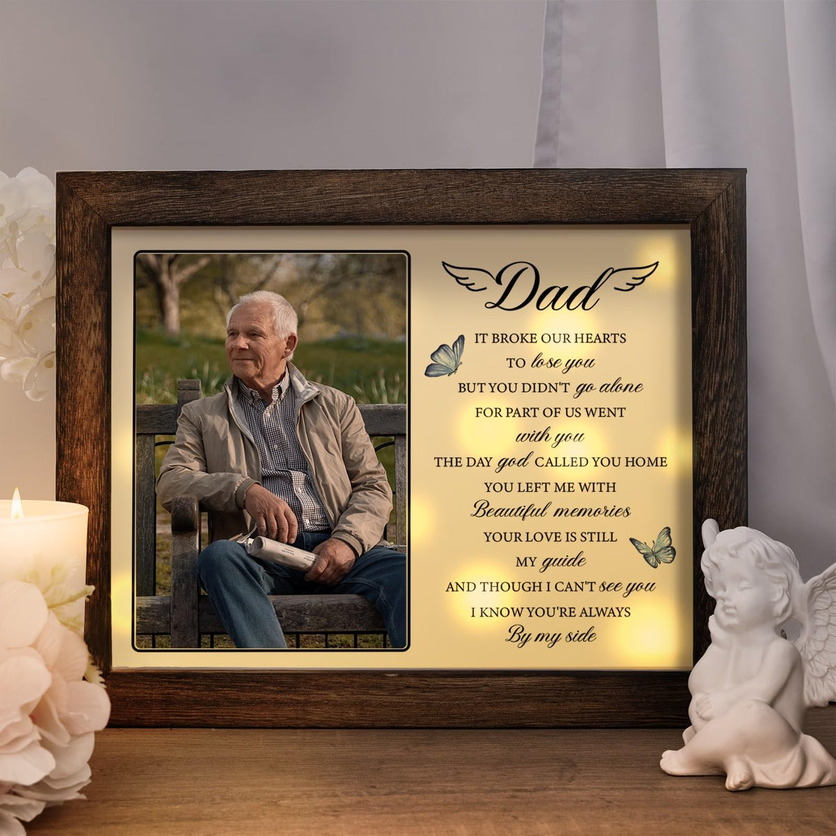 Buioata memorial shadow box with LED light framing a 4x6 photo for remembrance.