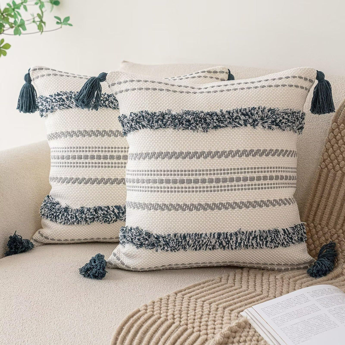 BUIOVBEY boho pillow covers 18x18 set—textured stripe with tassels for couch decor