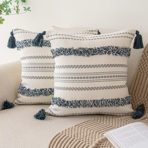 BUIOVBEY boho pillow covers 18x18 set—textured stripe with tassels for couch decor