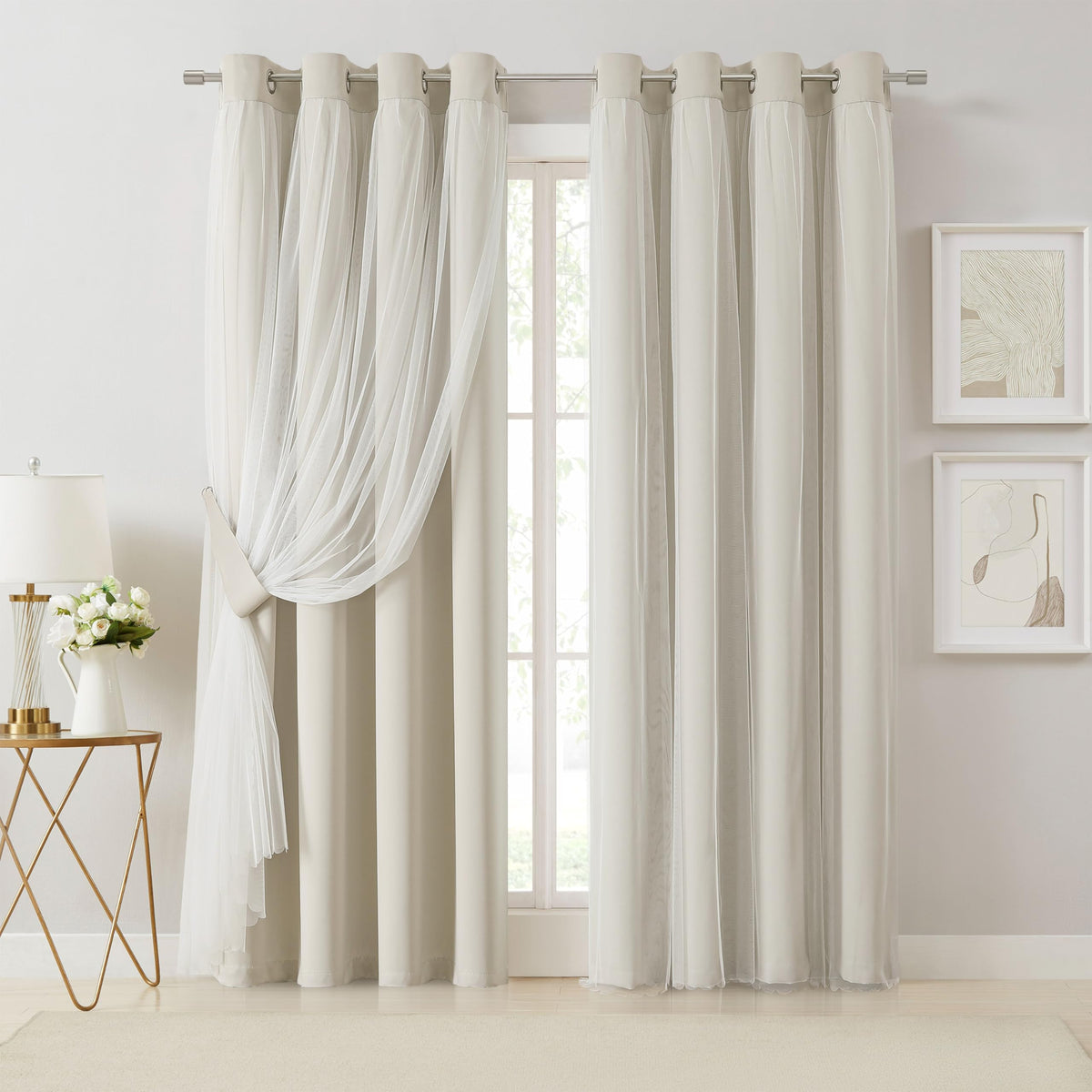 Bujasso beige 80% blackout curtains with sheer overlay for layered light control in living spaces.