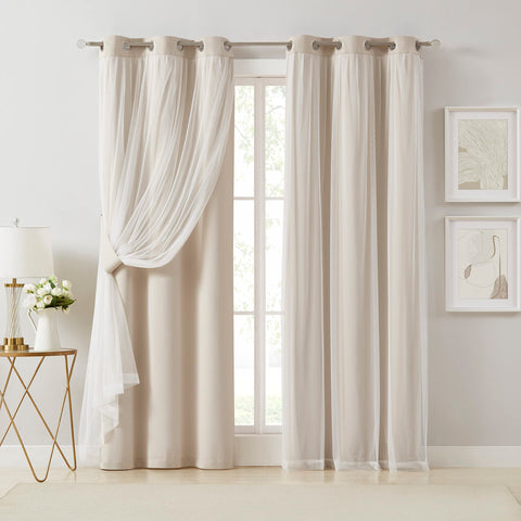 Bujasso beige 90% blackout curtains overview with layered light control for living spaces.