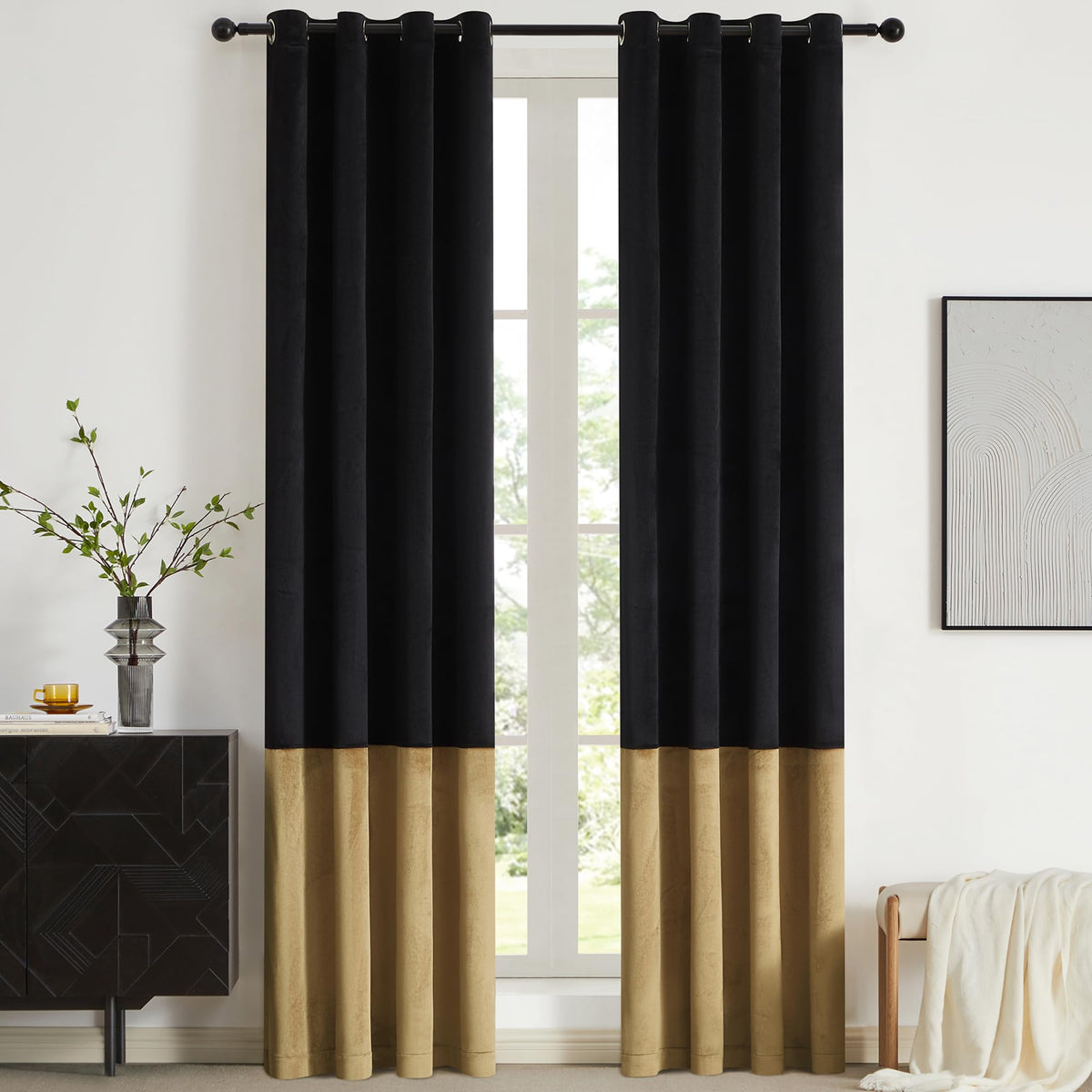 BULBUL black gold color-block curtain panel in front view for elegant windows