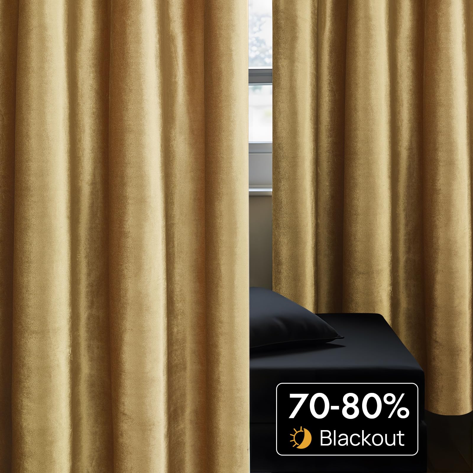 Bedroom setting with BULBUL Velvet Gold Curtains for privacy