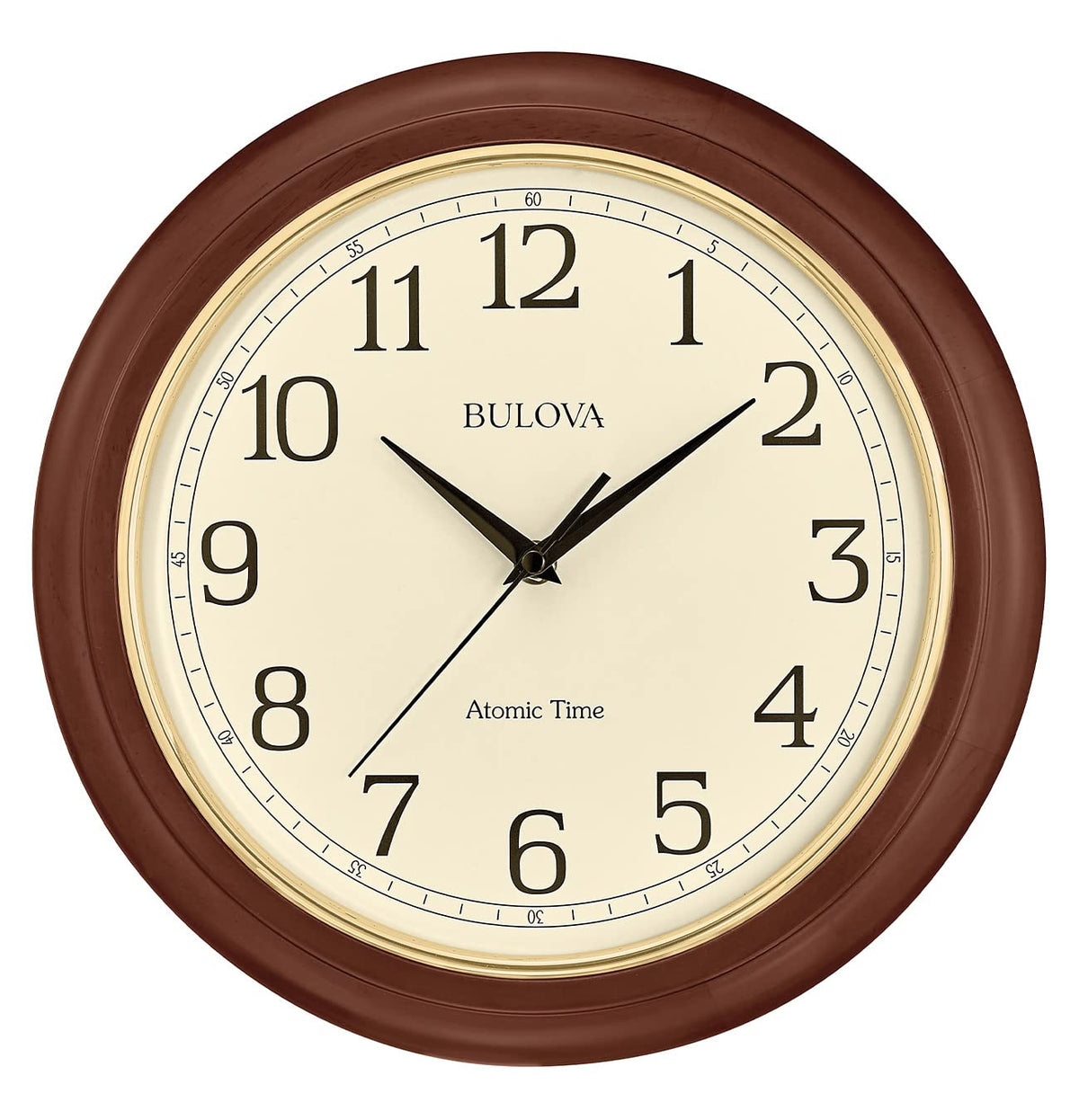Bulova Atomic Time 2 front view clock with warm wood frame and easy-to-read dial.