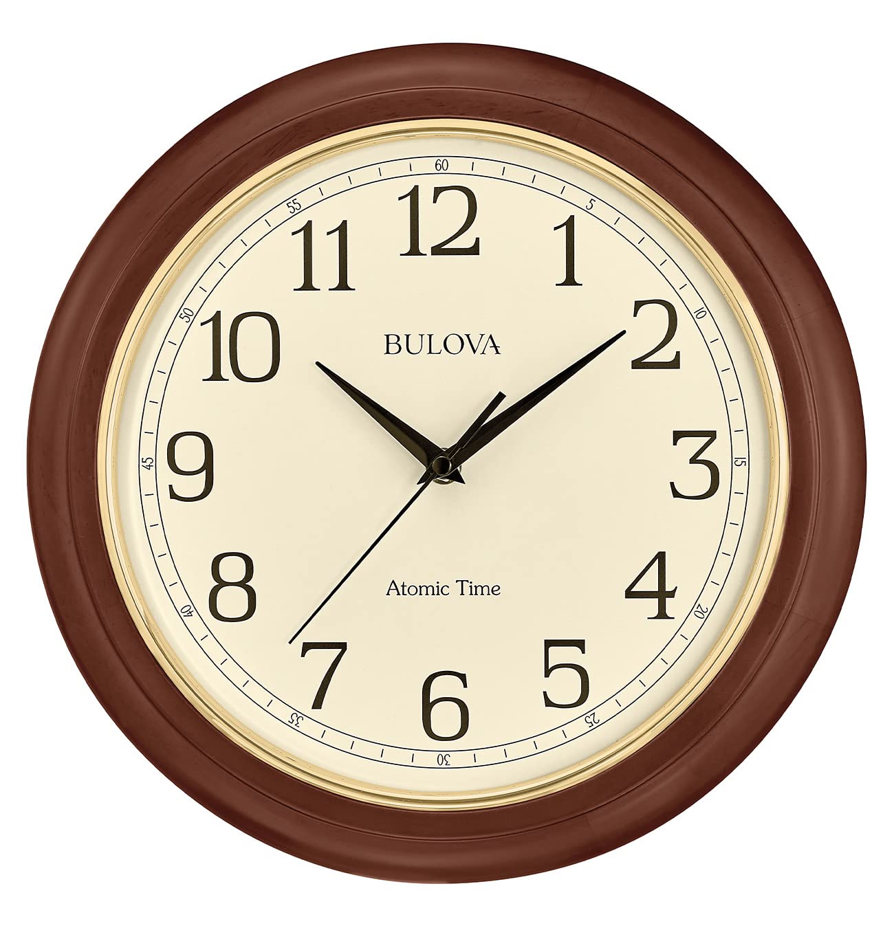 Bulova Atomic Time 2 front view clock with warm wood frame and easy-to-read dial.