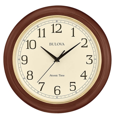 Bulova Atomic Time 2 front view clock with warm wood frame and easy-to-read dial.