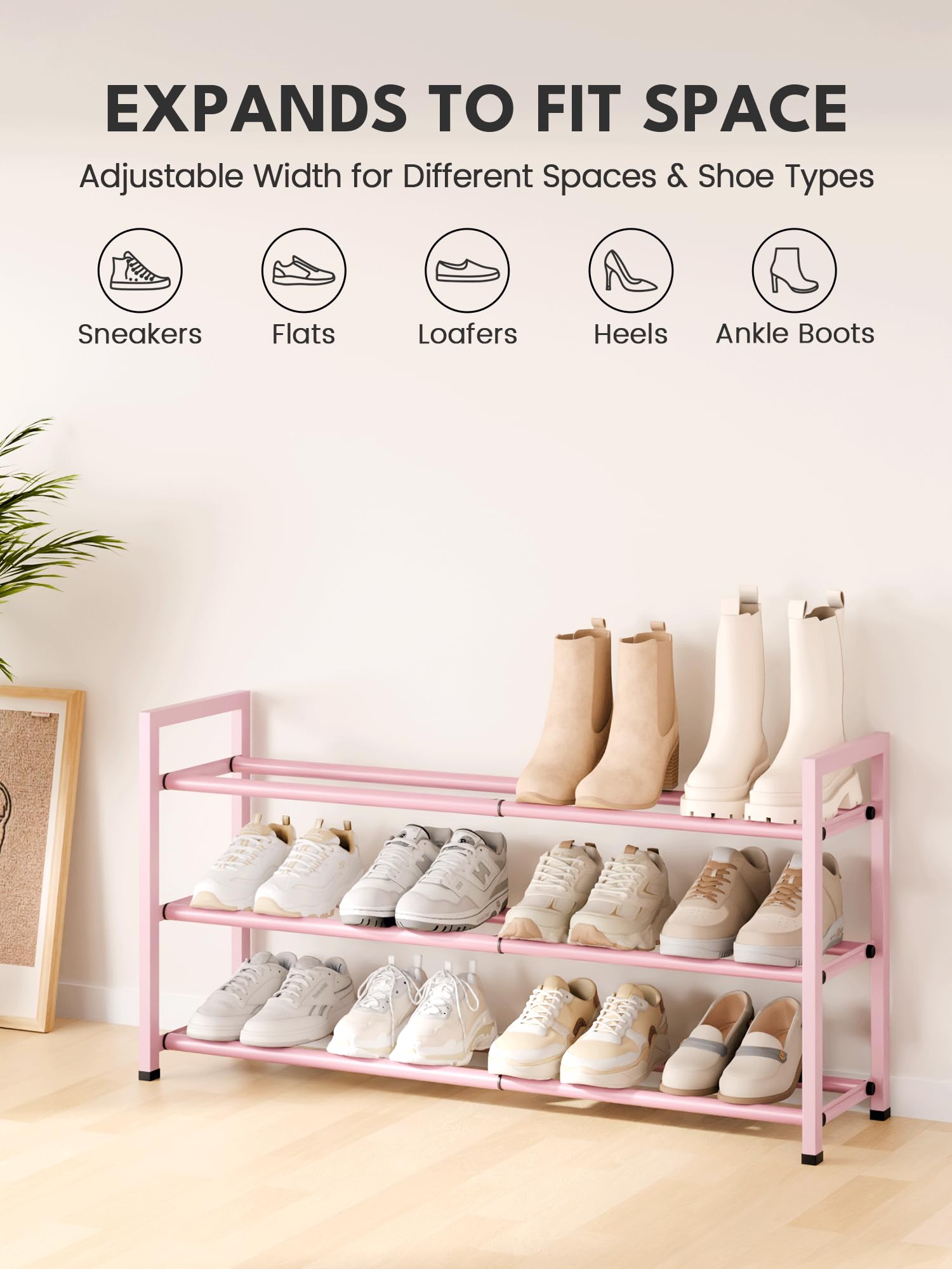 Bumusty pink shoe rack adds color to kids’ room while keeping footwear tidy.