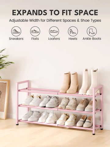 Bumusty pink shoe rack adds color to kids’ room while keeping footwear tidy.