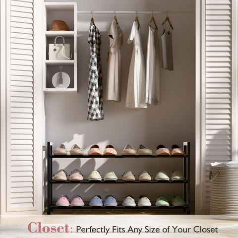 Bumusty Extendable Shoe Rack collapsed to 18 inches fits compact entryways.