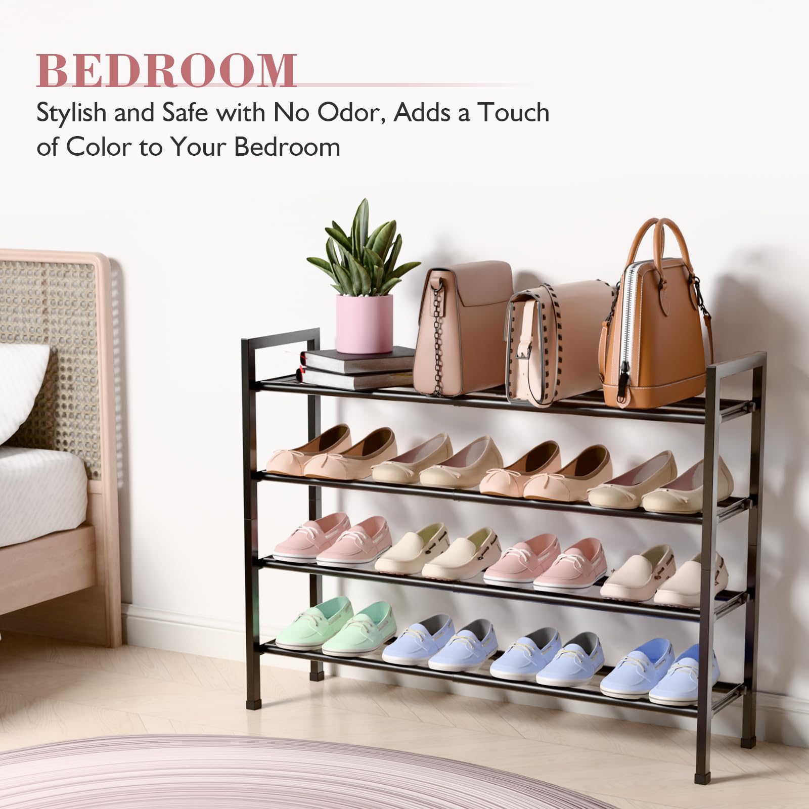 Bumusty 4-tier rack stores up to 16 pairs of shoes neatly.
