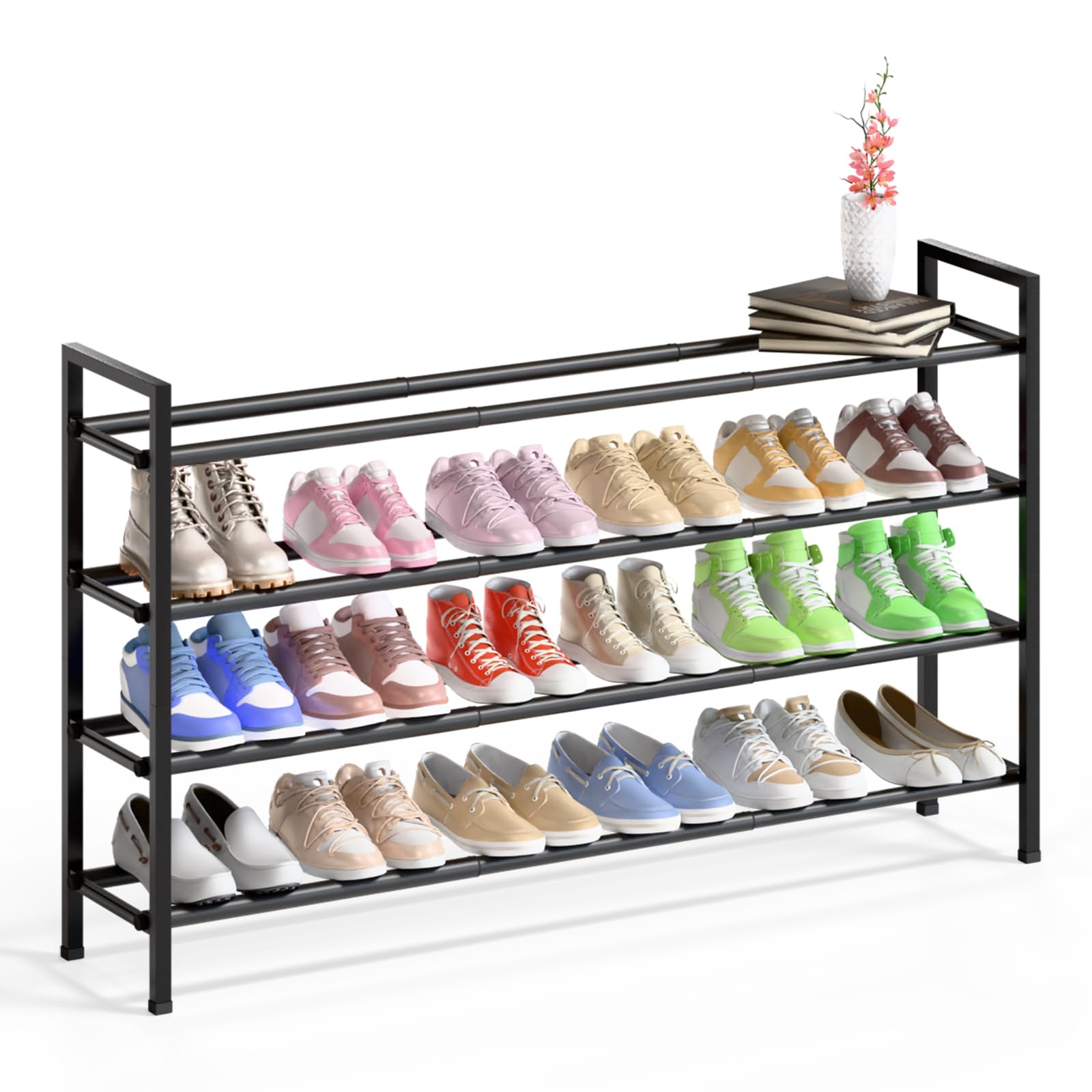 Bumusty 4-tier extended shoe rack in closet holding 24 pairs.