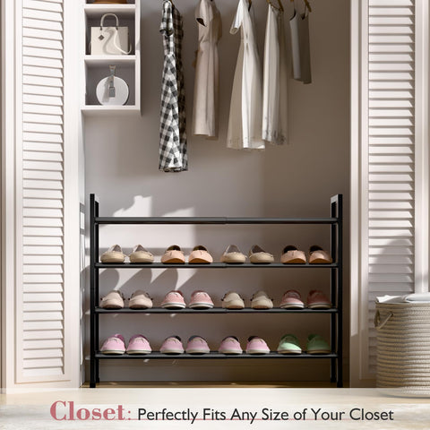 Bumusty expandable shoe rack during tool-free assembly demonstrates quick setup.