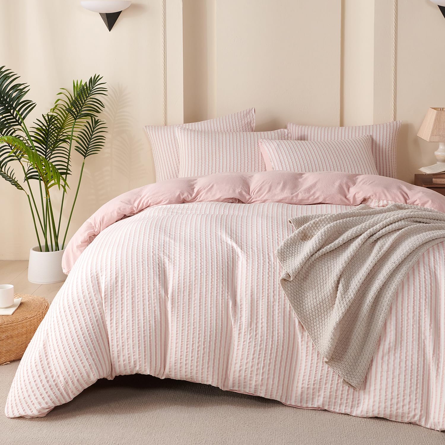 BUPIRD Pink Comforter Queen striped front view for cozy vibes.