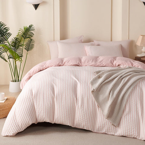 BUPIRD Pink Comforter Queen striped front view for cozy vibes.