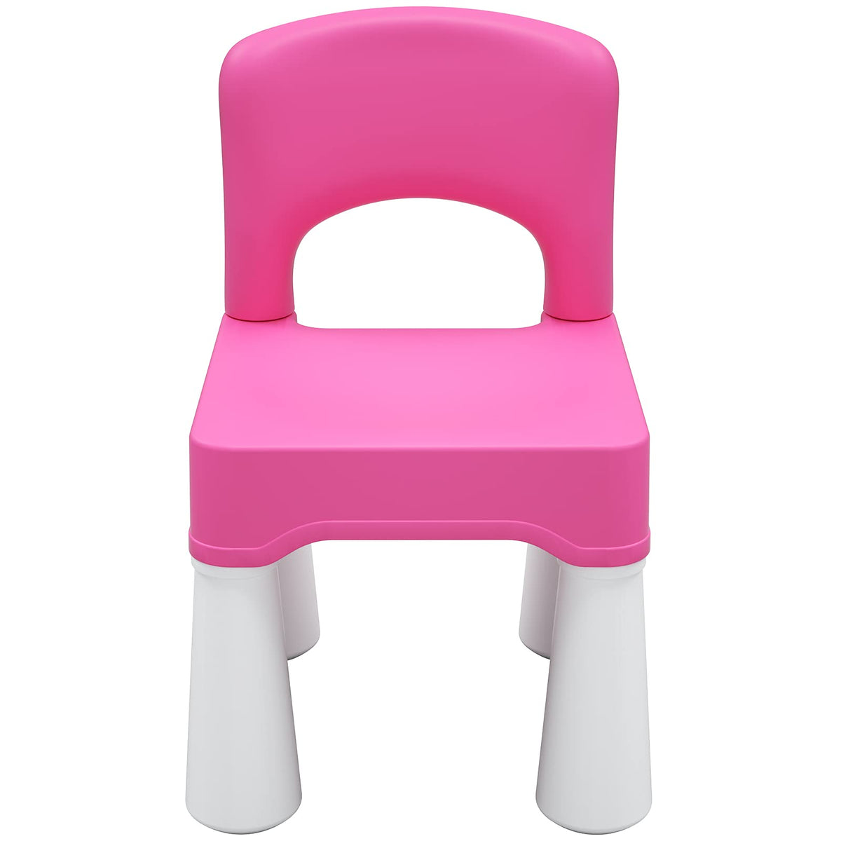 burgkidz pink plastic kids chair front view, lightweight and sturdy for toddlers