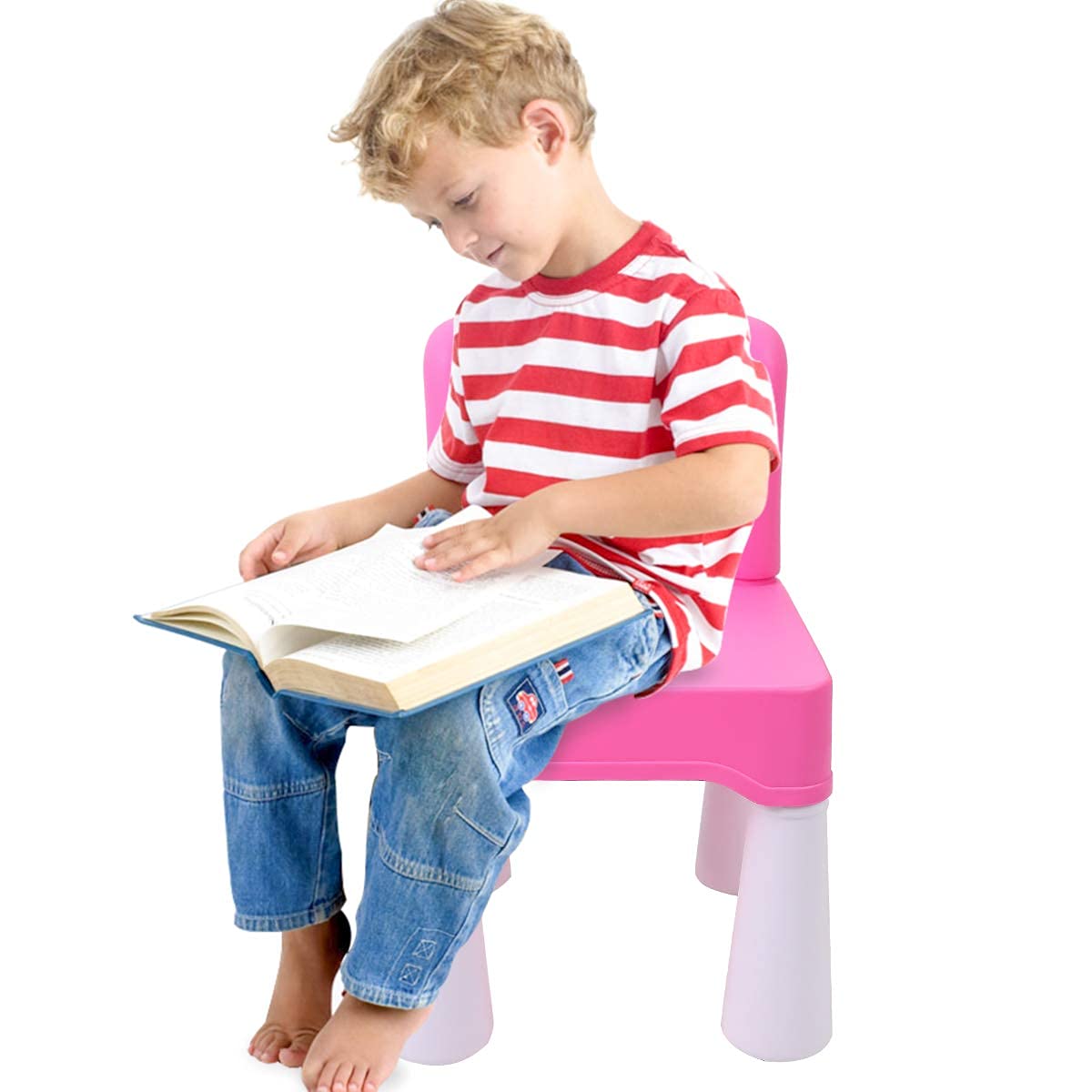 burgkidz pink plastic kids chair seat close-up, smooth surface easy to wipe