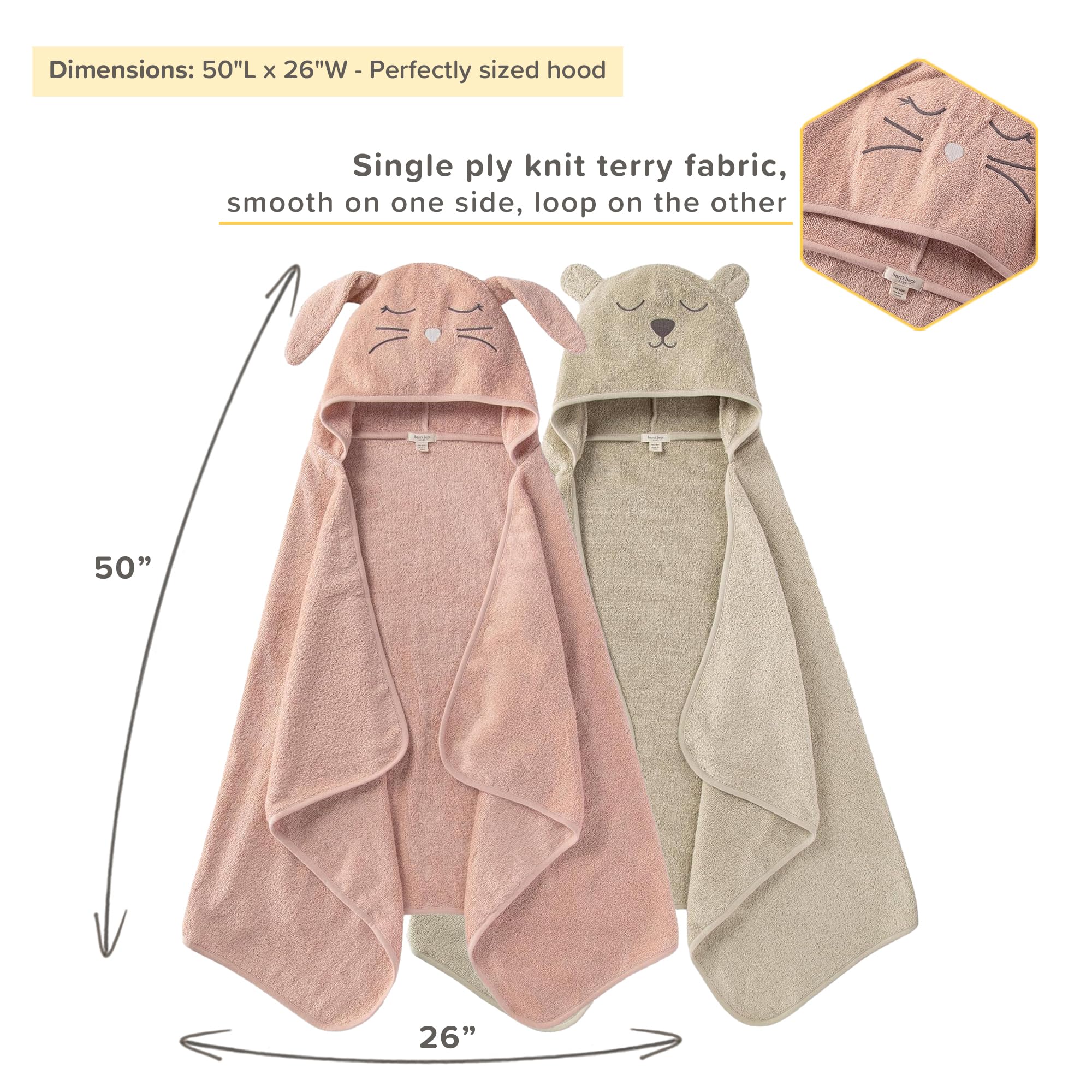 Burts Bees Baby hooded towel with bear face for quick drying and fun.