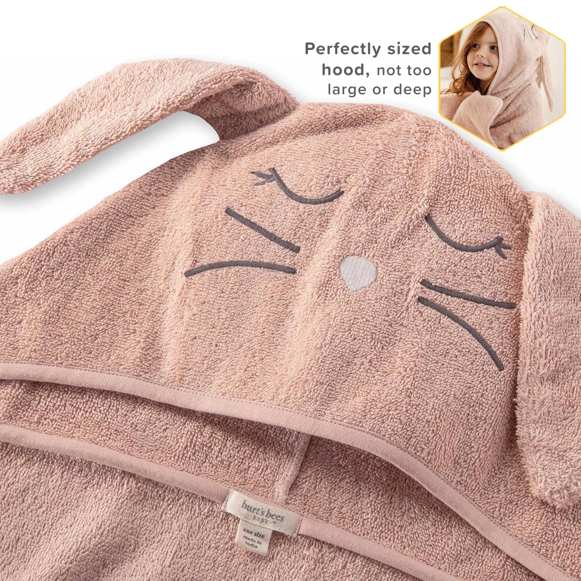 Burts Bees Baby hooded towel with bunny face adds gentle warmth after baths.