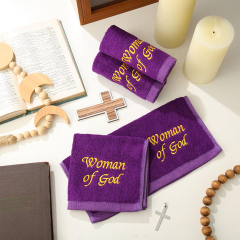 Buryeah purple pastor towels at home—tabletop or shelf display.