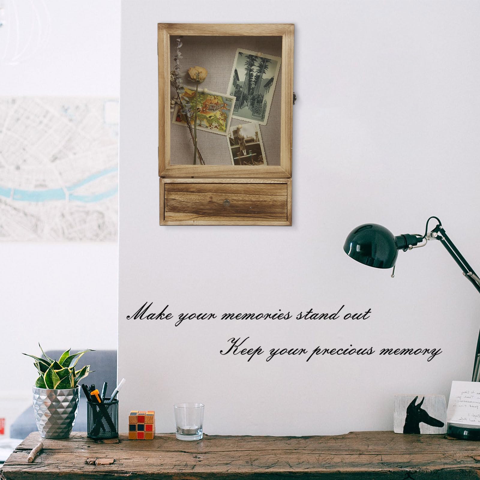Butizone shadow box frame drawer open highlighting built-in drawer for small keepsakes.