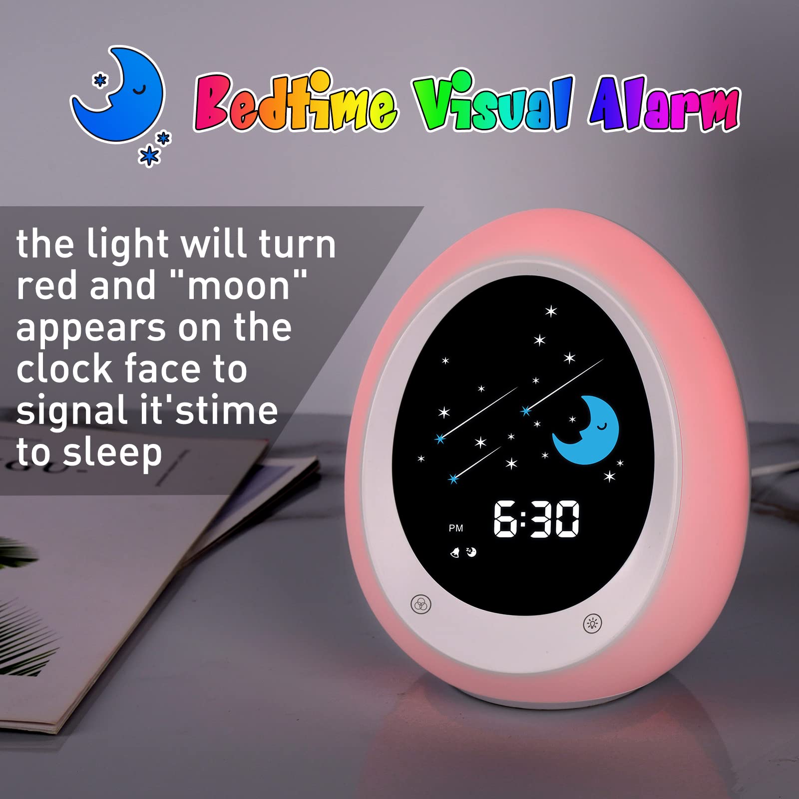 BUTTING Kids Alarm Clock night light with color options for calming ambiance.