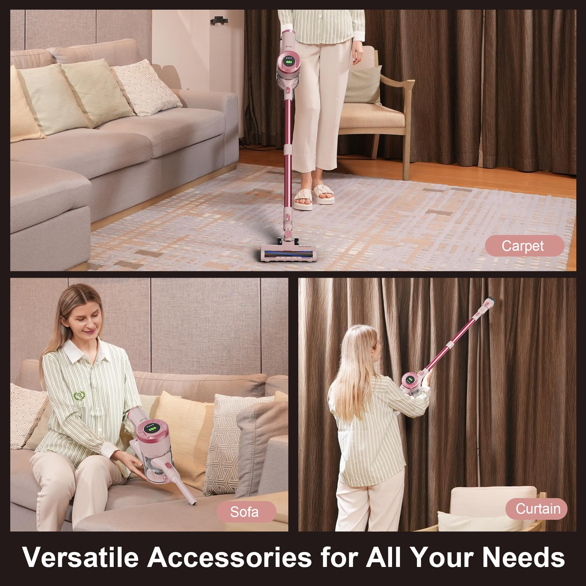 Buty Bulu vacuum attachments including motorized floor brush for thorough cleaning.