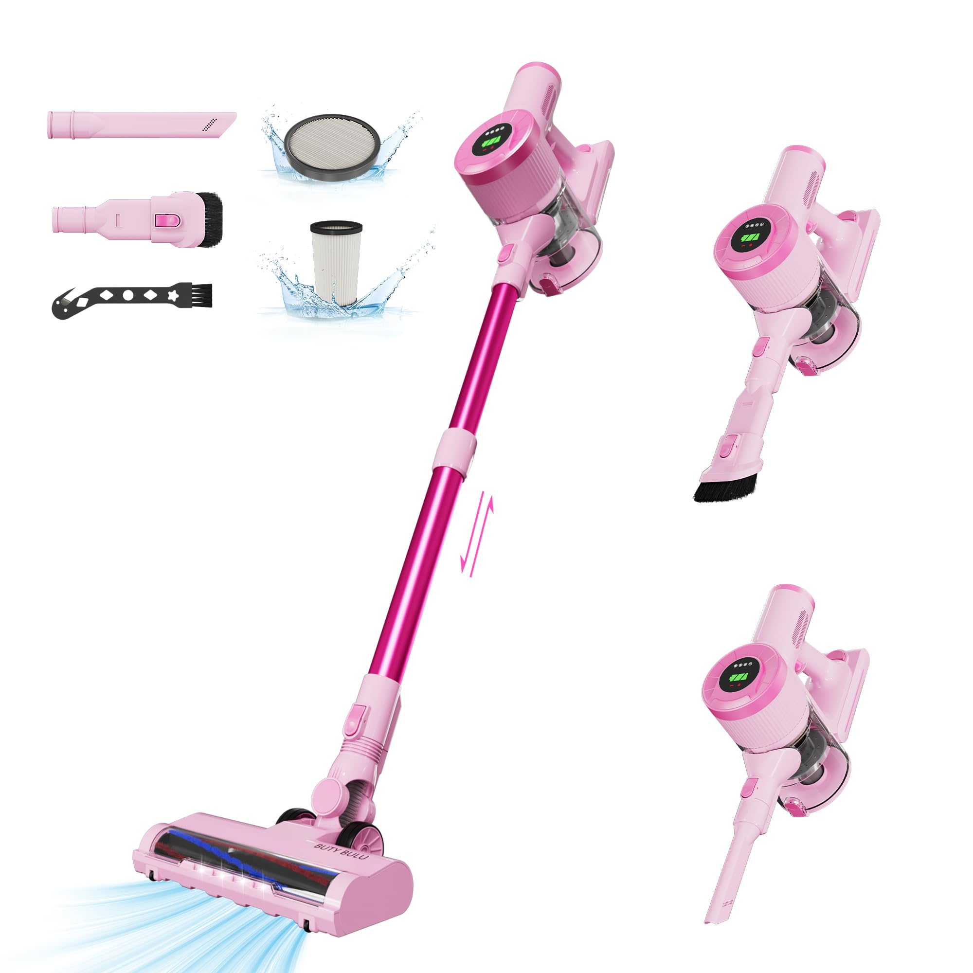 Buty Bulu cordless stick vacuum front view showing strong suction and pink design for quick cleans.
