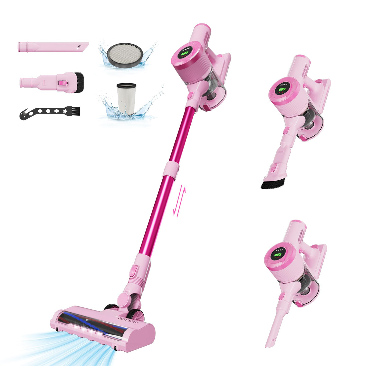 Buty Bulu cordless stick vacuum front view showing strong suction and pink design for quick cleans.