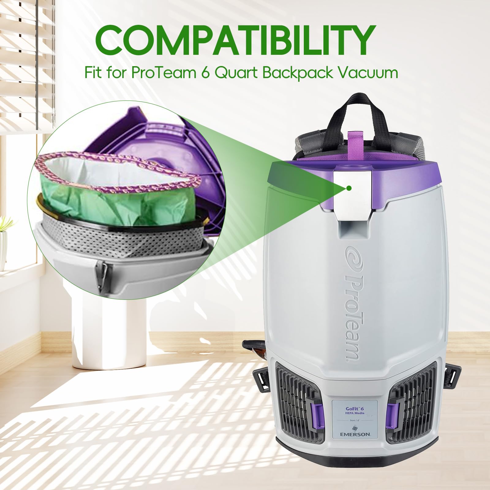 BUUfilcoo 6qt ProTeam backpack bags highlight 99.9% particle capture for cleaner air.