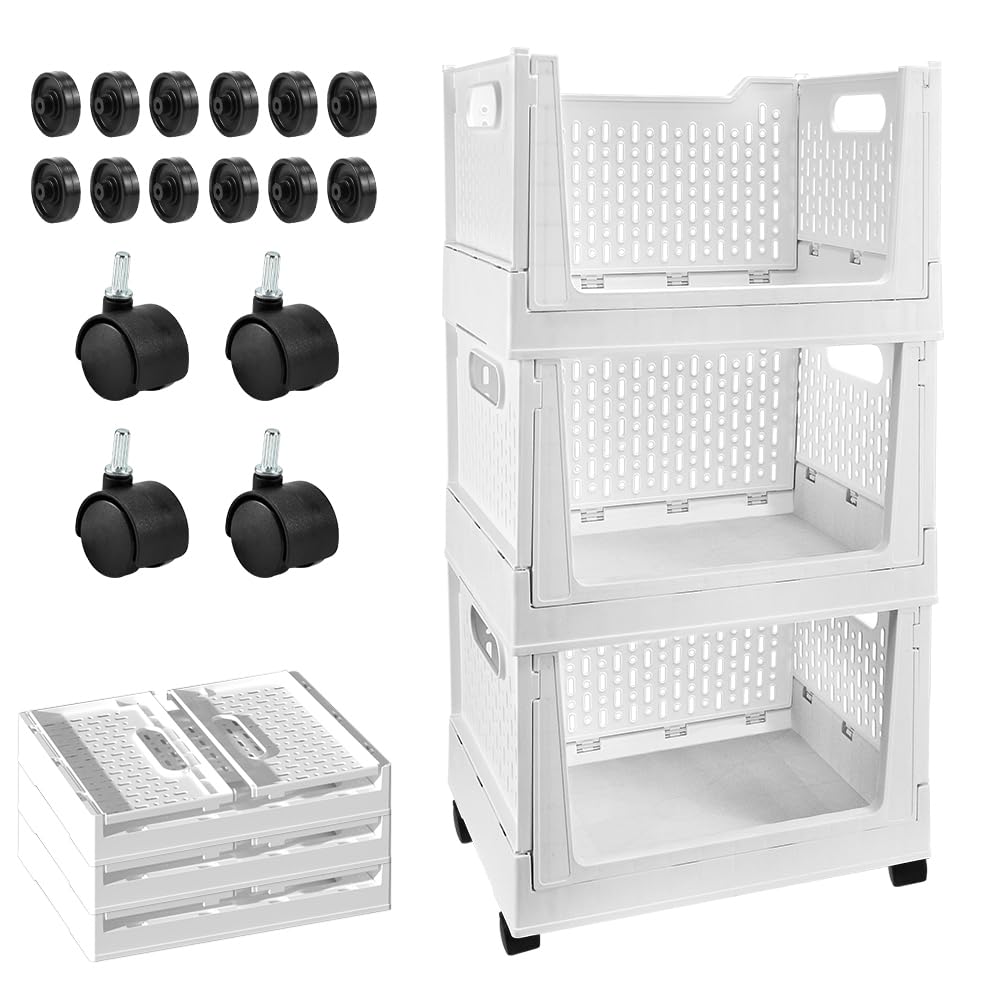 BUZIFU stackable storage basket with wheels for easy closet organization.