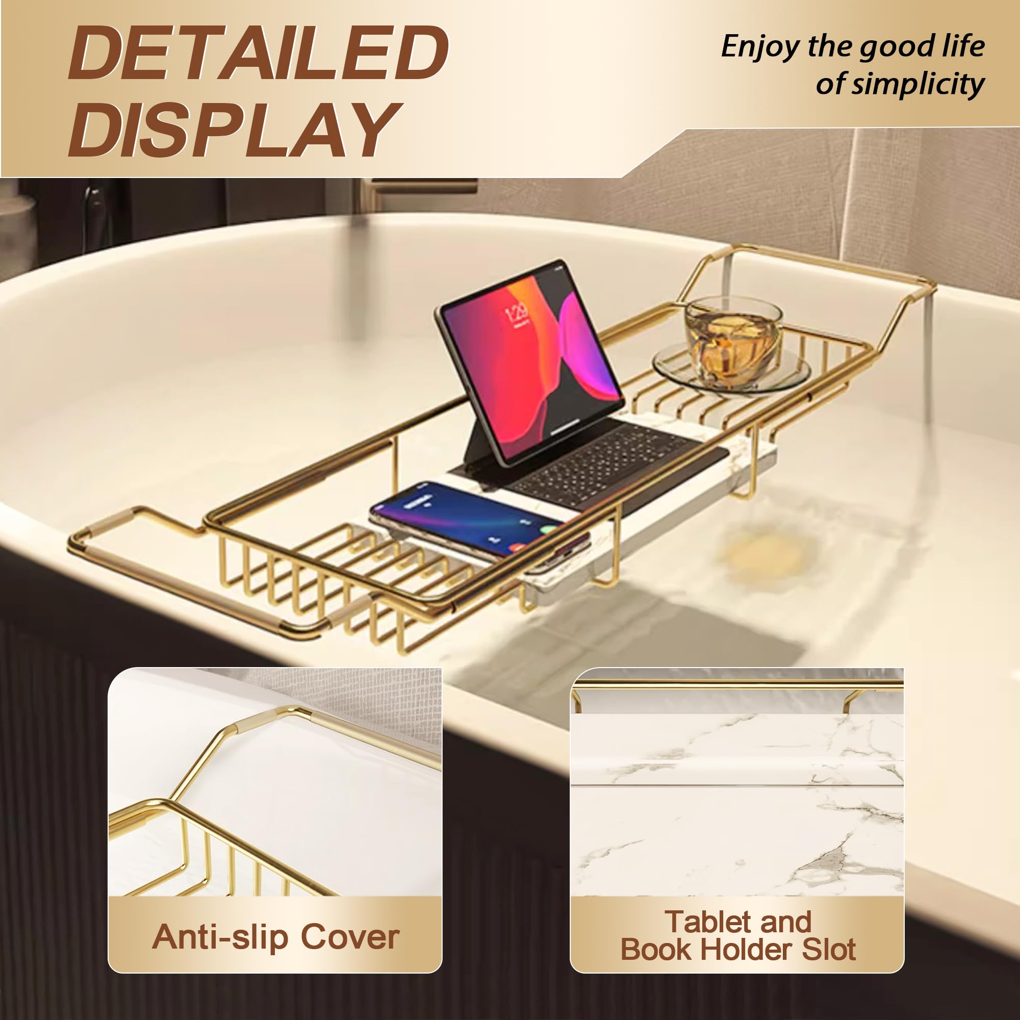 BVL bath tray wine glass notch supports drinks hands-free during bath.