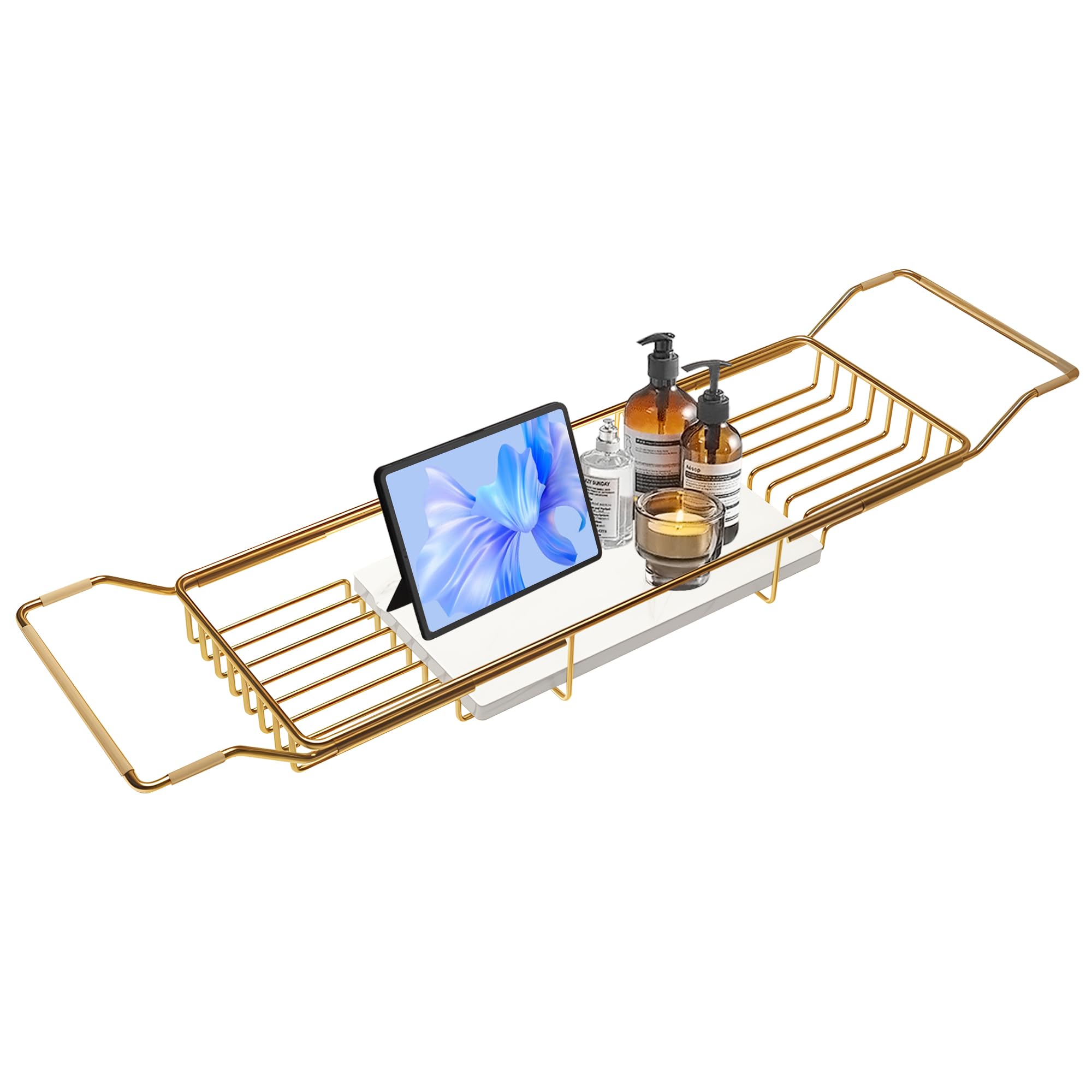 BVL bathtub tray with stainless steel, gold finish, marble base for stability and luxury.