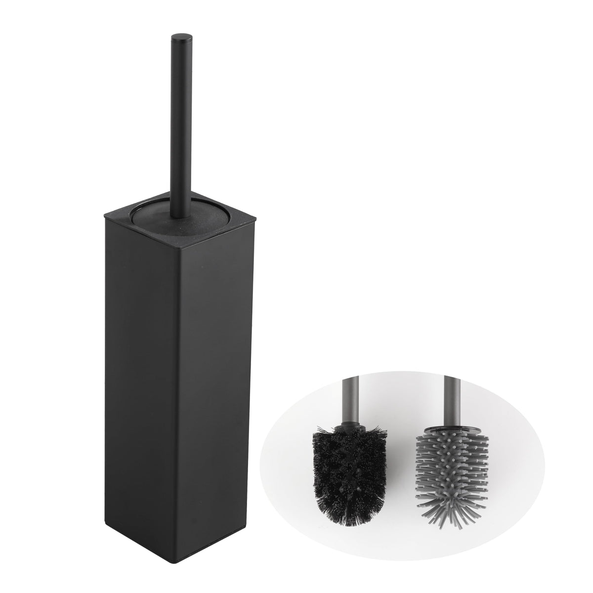 BVL toilet brush with black square holder showcases modern, space-saving bathroom storage.