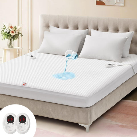 Bwarm waterproof heated mattress pad on king bed, top view for all-night warmth.