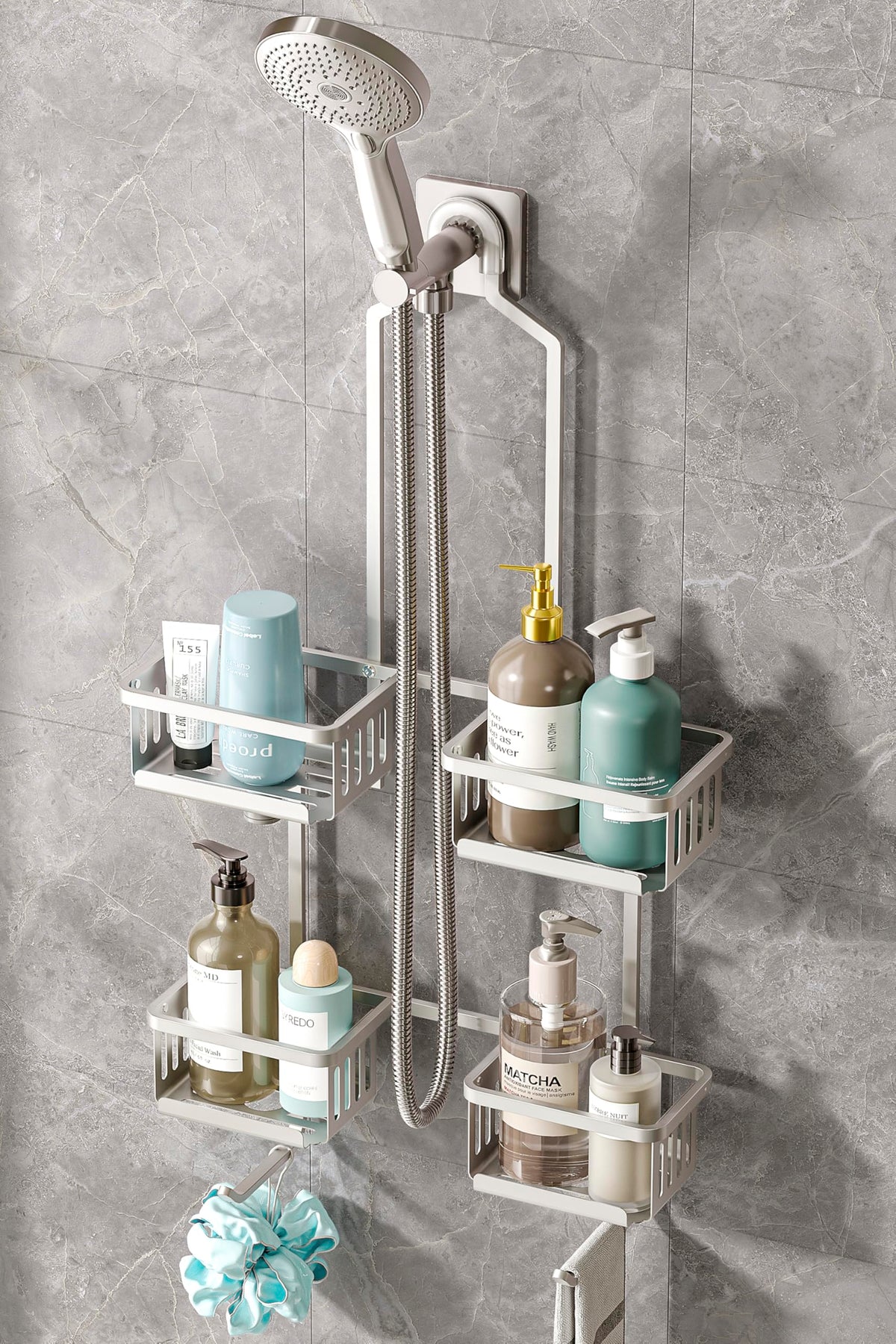 BXINREDA over-showerhead caddy keeps bottles organized and within reach
