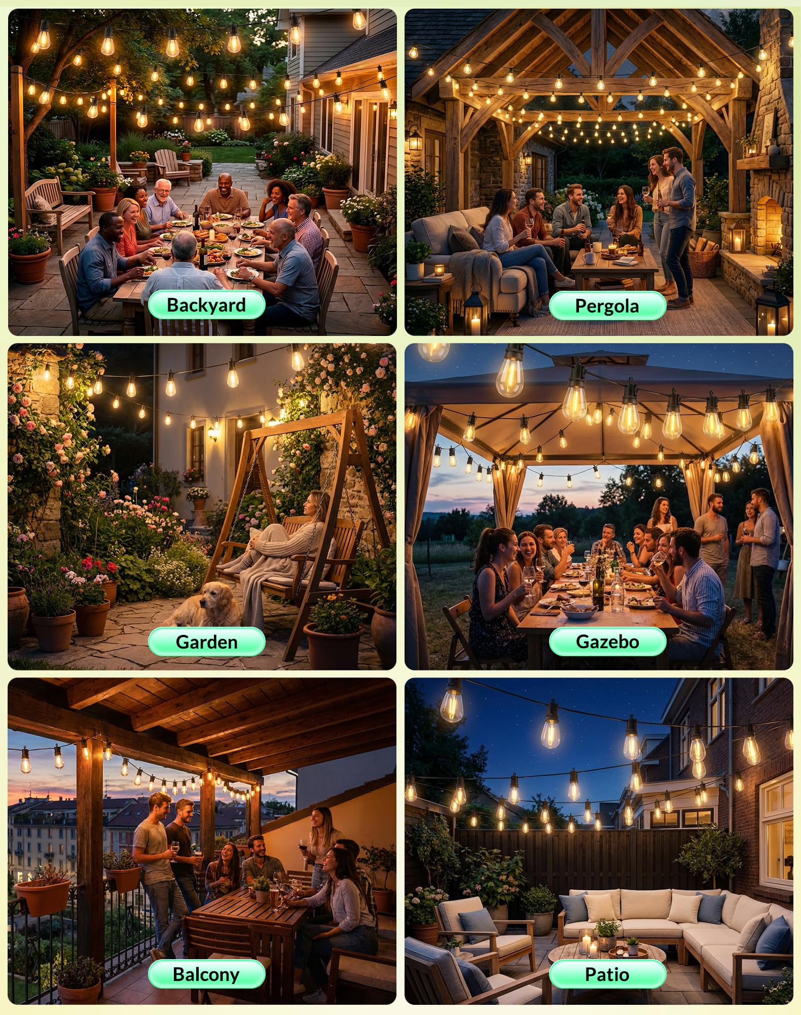 BYGUQ 65 ft string lights add warm ambiance to patio or bistro areas.
