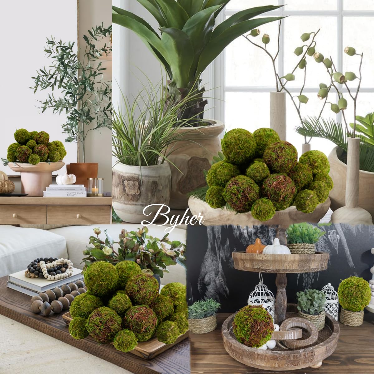 BYHER table arrangements gain depth with moss balls and natural textures.