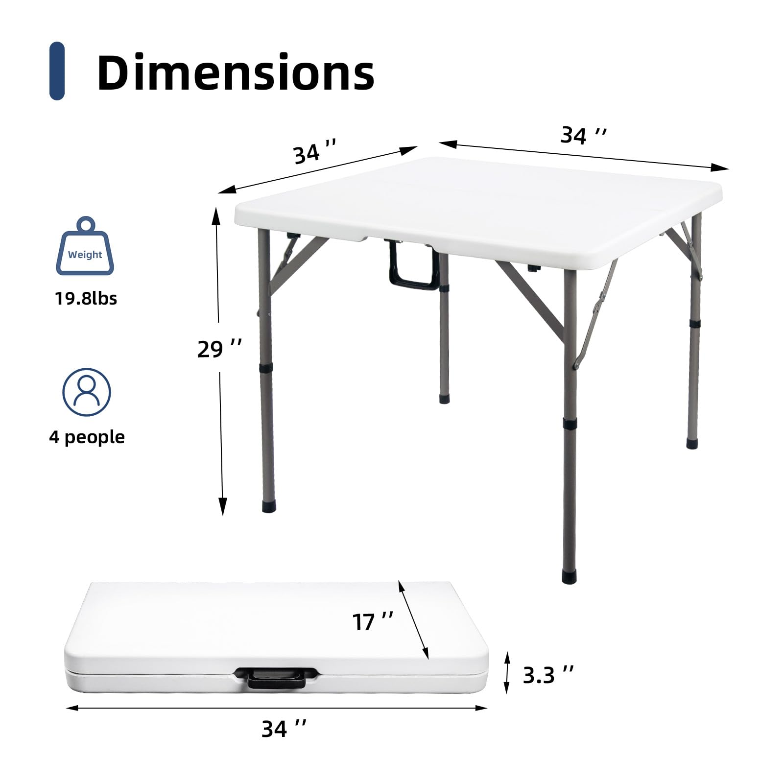Byliable 34in square folding table with carry handle for easy transport