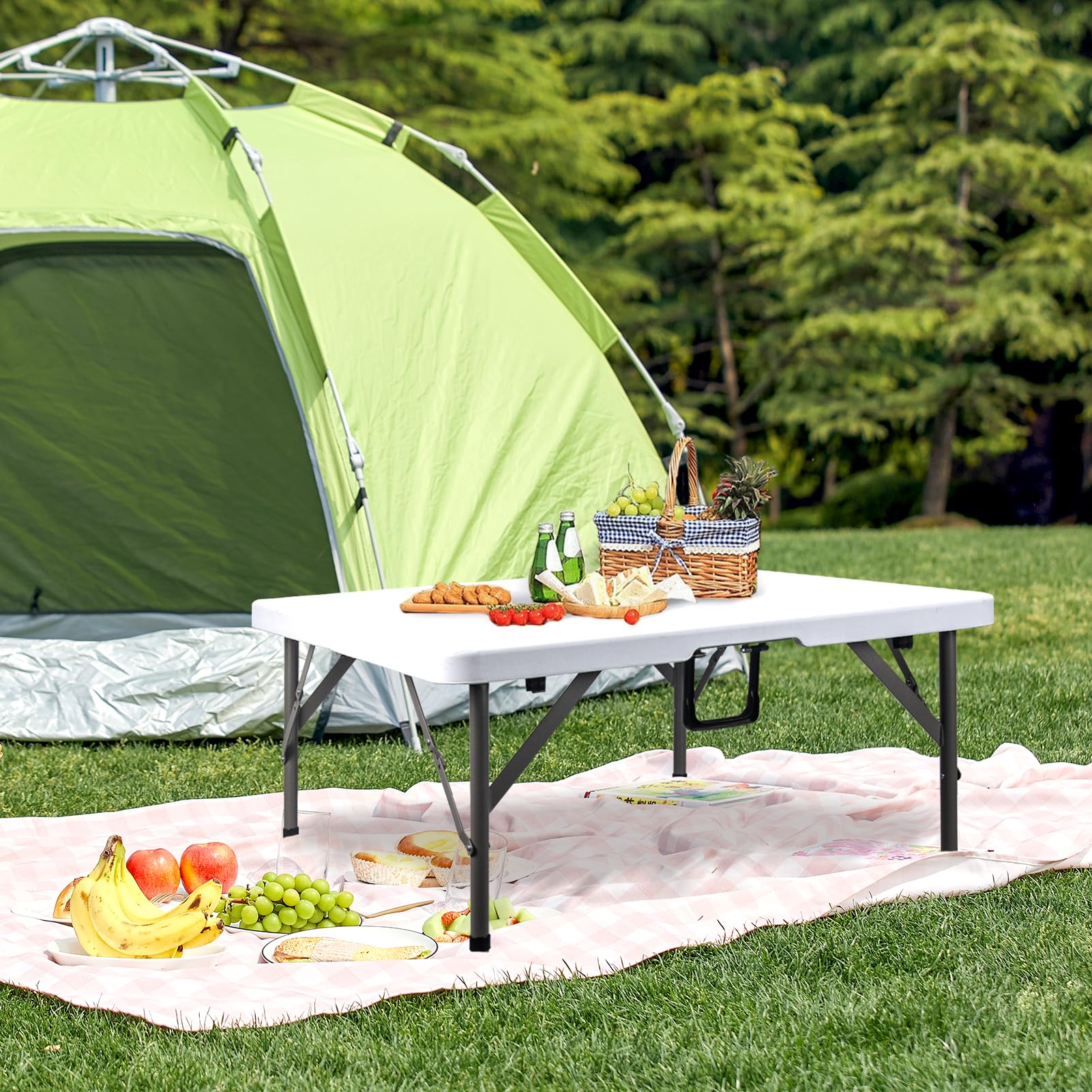 Byliable 34in square folding table folded in half with safety buckle