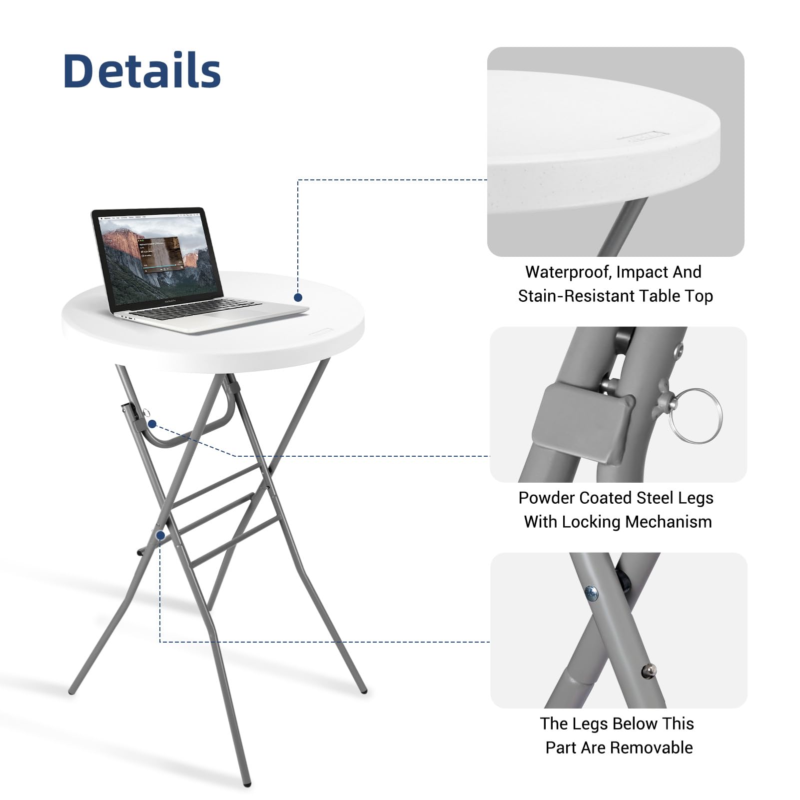 Byliable round high-top surface provides versatile seating-height for mingling and tasting.