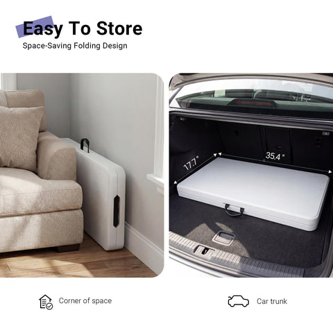 Byliable folding table folded-half with handle for easy transport