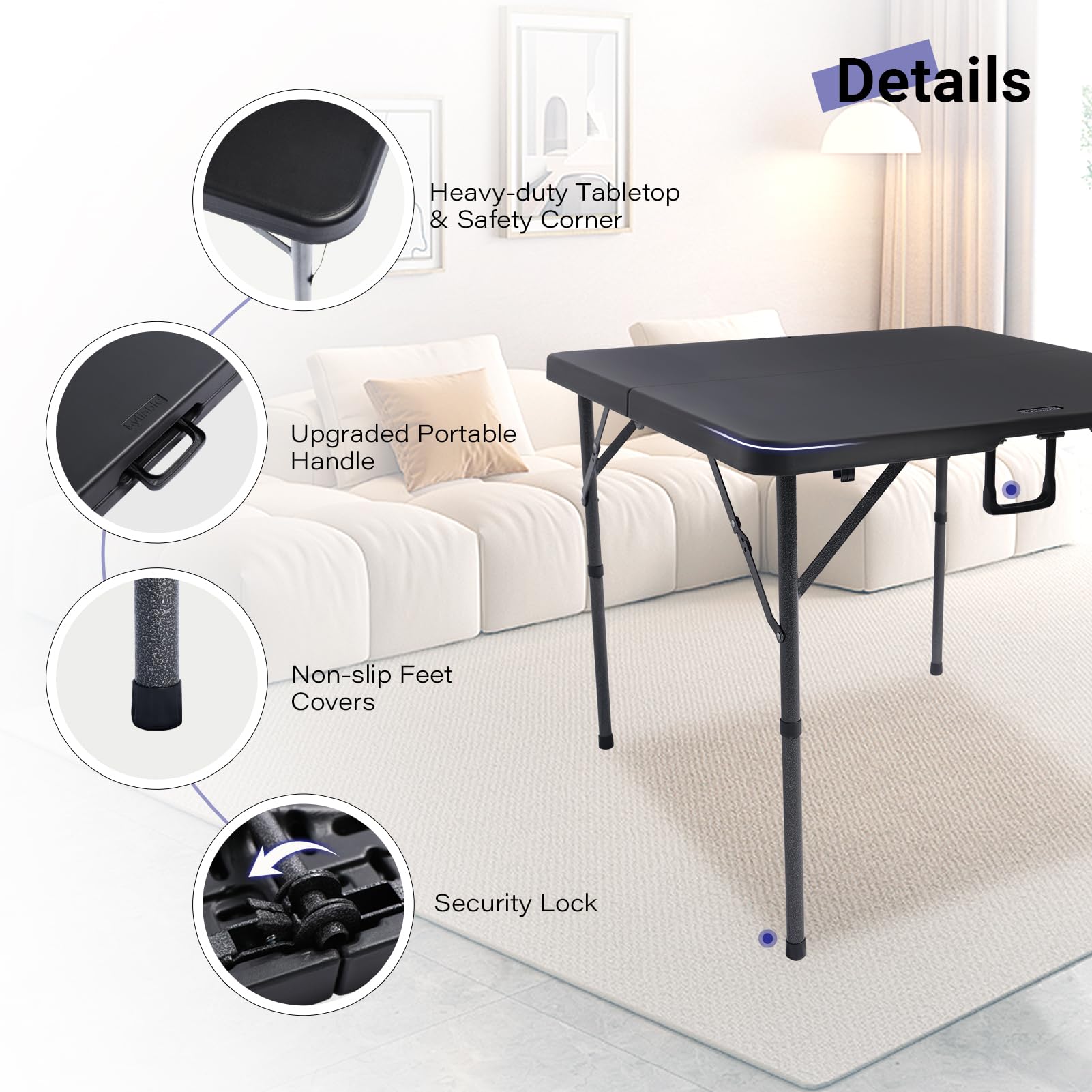 Byliable sturdy steel legs with gravity locks from a side angle detail.