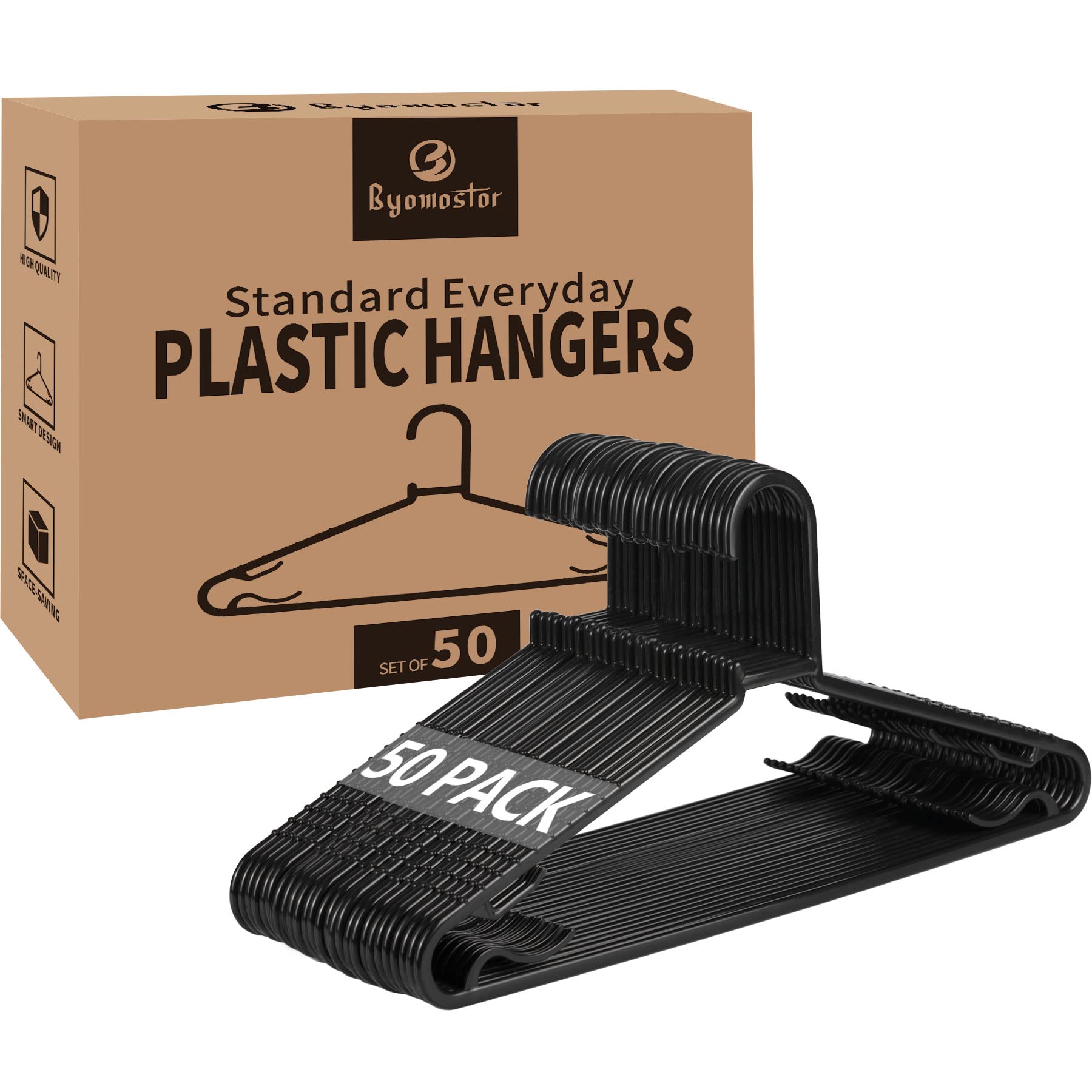 Byomostor black plastic hanger with four hooks for organized outfits.